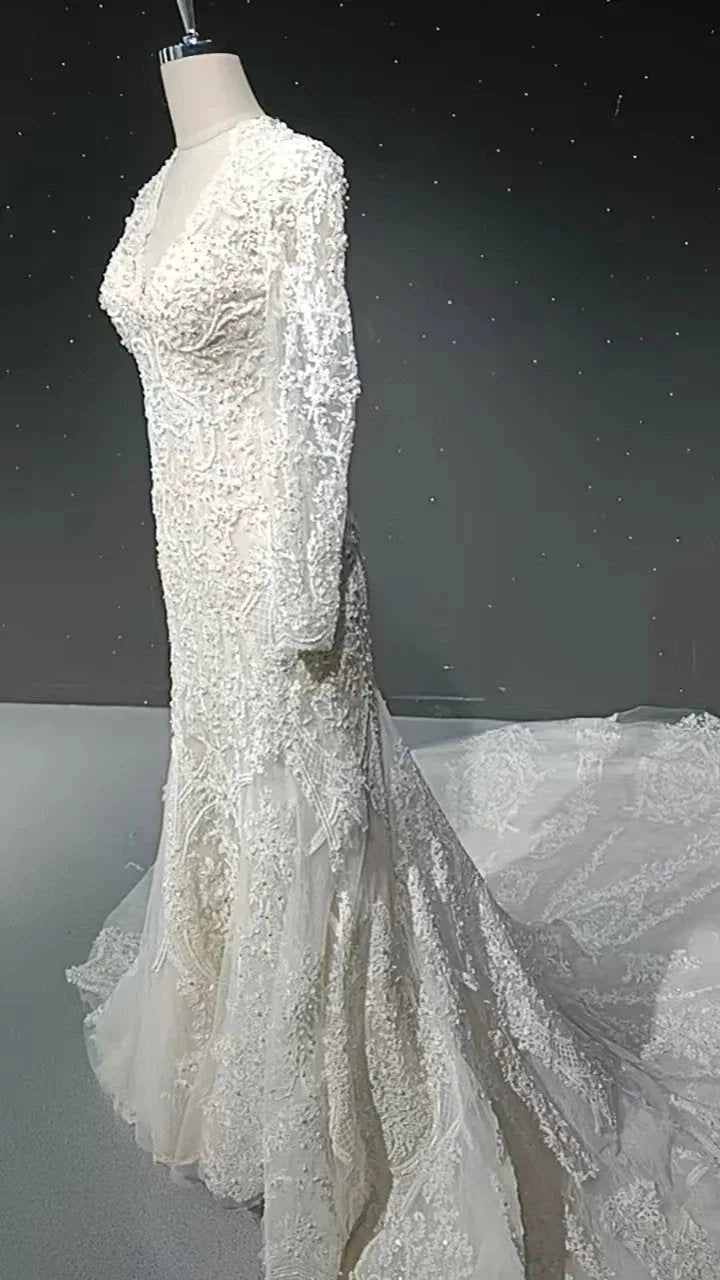 V-neck long sleeved luxurious nail bead trailing bridal veil (ZD16770)