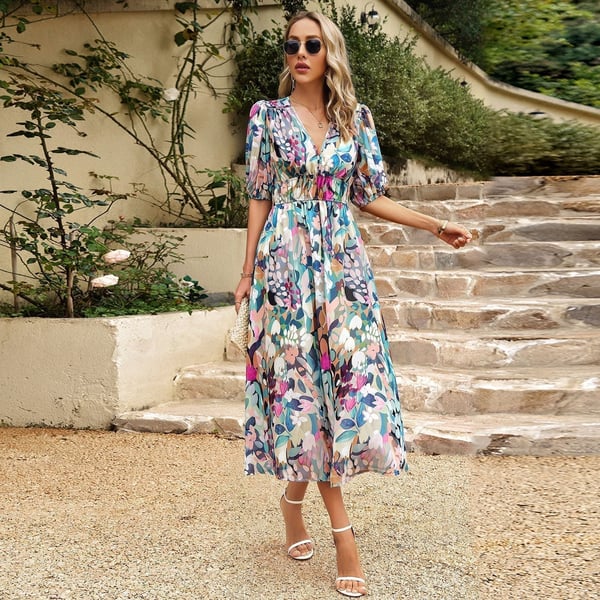 Pilar Chic Women's Printed V Neck Dress Silhouette Collection