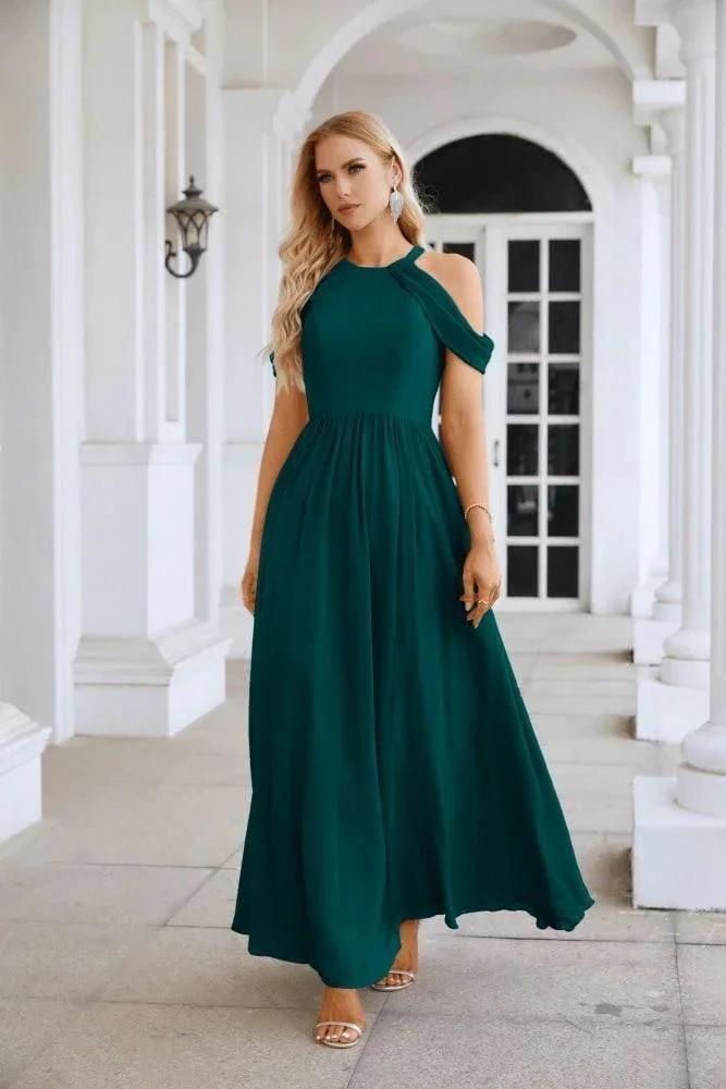 Ladies Chiffon Off Shoulder Swing Sleeve Front Slit Bridesmaid Evening Dress Wedding Party Evening Dress 28117 by numbersea