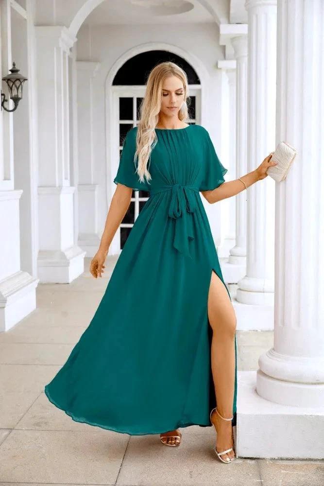 Ladies Chiffon Sleeve Crew Neck Front Slit Floor Length Bridesmaid Evening Dress Wedding Party Evening Dress 28124 by numbersea