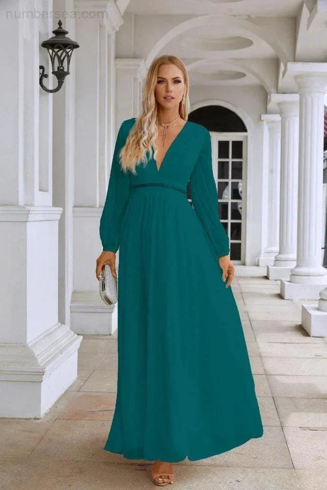 Ladies V Neck Chiffon Long Sleeve Front Slit Bridesmaid Evening Dress Wedding Party Shopping Evening Dress 28109 (ZD16991)