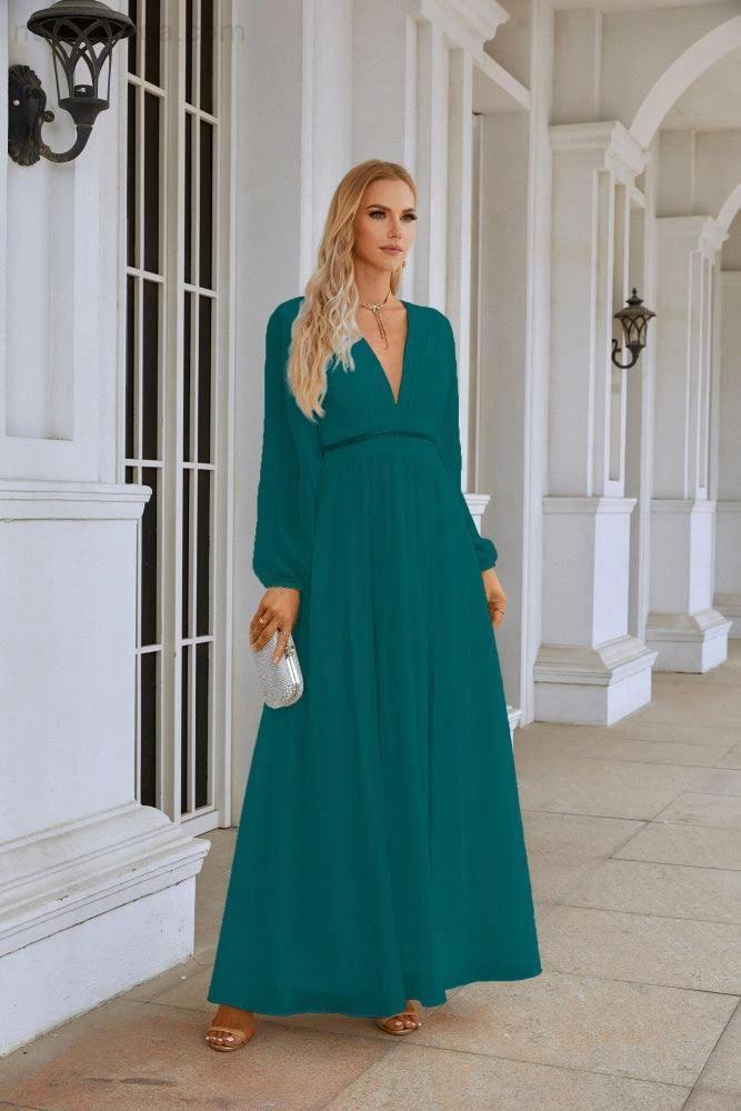 Ladies V Neck Chiffon Long Sleeve Front Slit Bridesmaid Evening Dress Wedding Party Shopping Evening Dress 28109 (ZD16991)