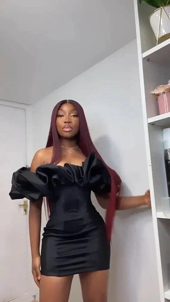 Elegant Women Satin Bodycon Dress Off Shoulder Ruffles Strapless Backless Fairy Princess Mini Dress Black Homecoming Dress Y1840 by simplepromdress