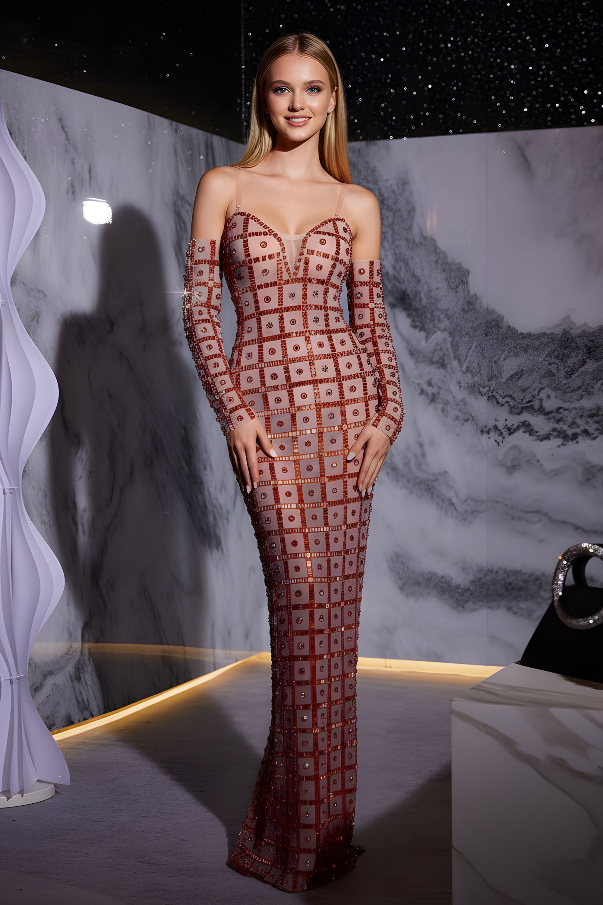 Sheer Grid Pattern Long Sleeve Floor-Length Evening Gown