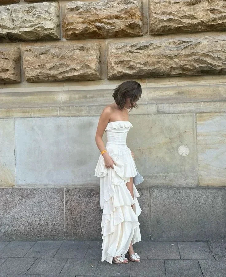 Elegant Strapless Satin Layered Slit Evening Dress,Formal Ivory Prom Dress Wedding Dress (ZD13572)