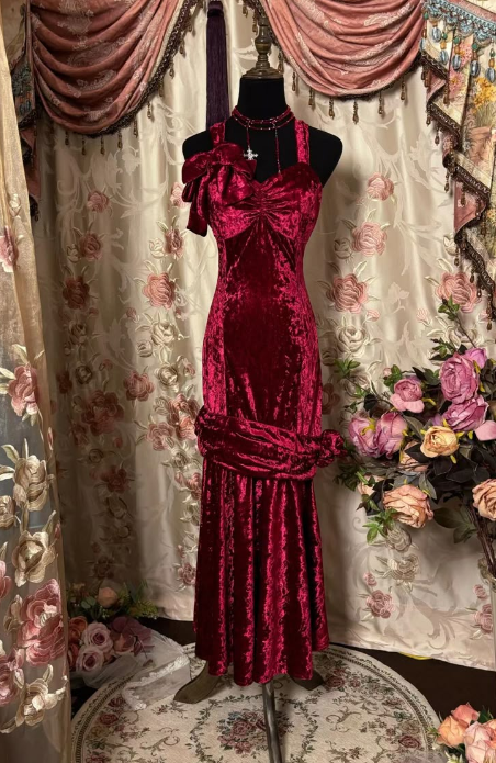 Burgundy Velvet Long Prom Dress Vintage Formal Evening Dress