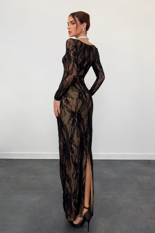 Elegant Lace Square Neck Long Sleeve Bodycon Dress