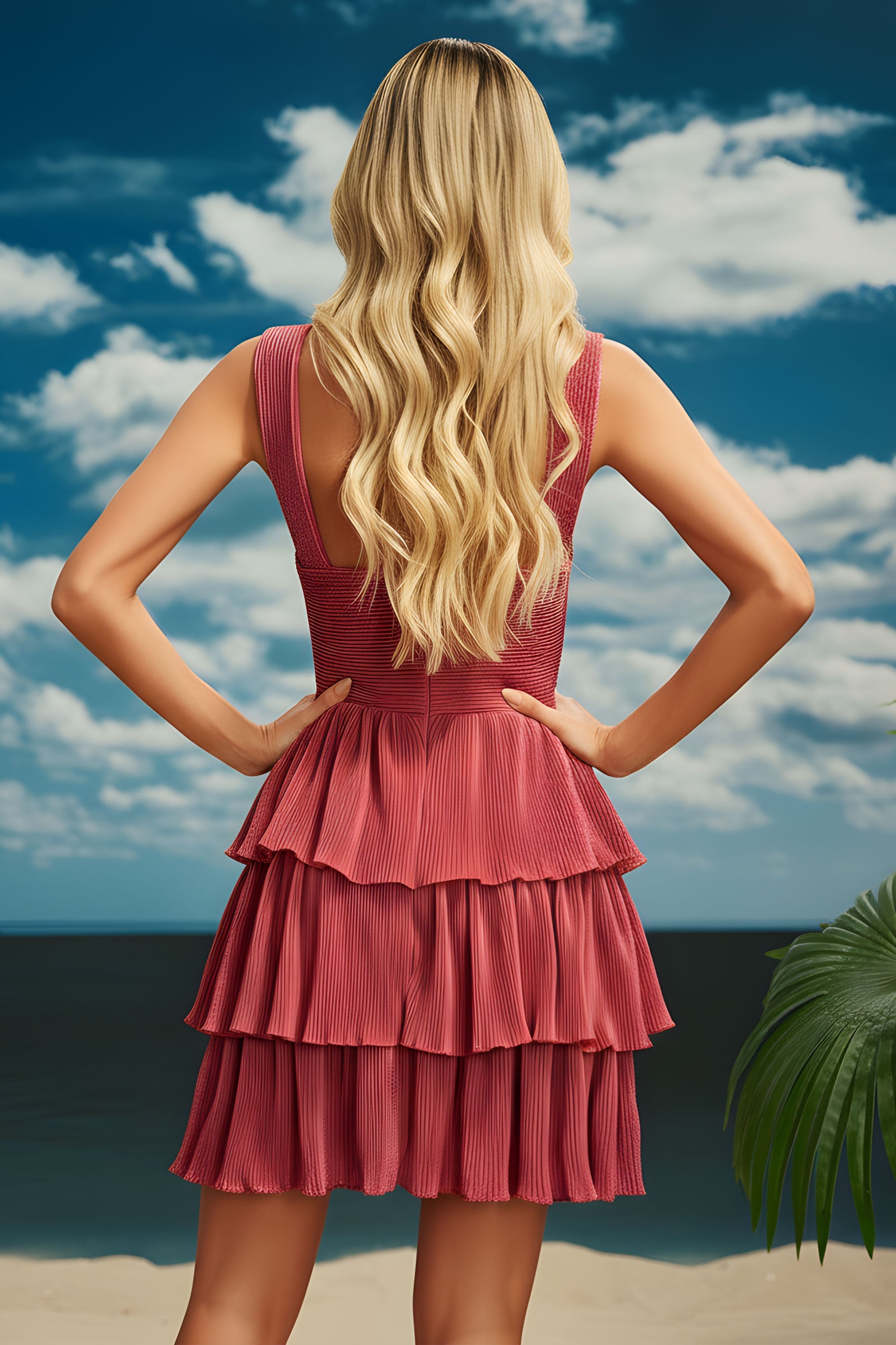 Pleated Mini Dress with Starfish Embellishments and Cutout Detail