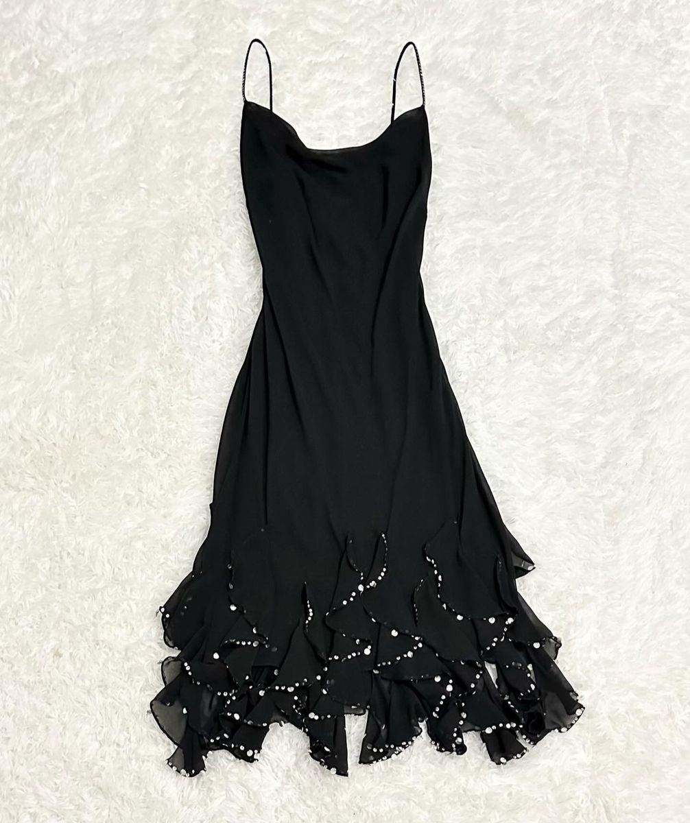 Spaghetti Straps Black Chiffon Long Prom Dress Ruffle Evening Dress