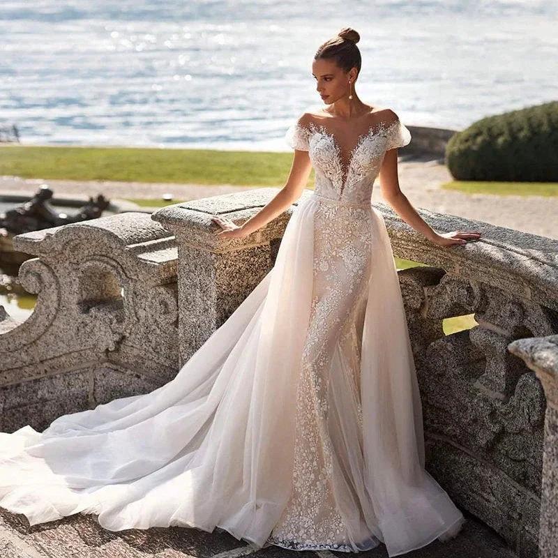 Luxury Detachable 2 In 1 Wedding Mermaid Dress Embroidered Lace On Net With Square Collar Sleeveless Bride Gowns Vestido De Novi (ZD13489)