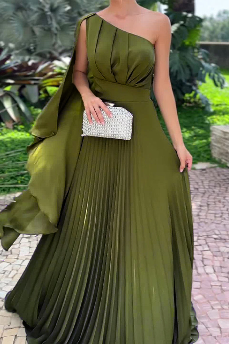 Elegant Solid Fold Stringy Selvedge Pleated Oblique Collar Evening Dresses - VelvetHem