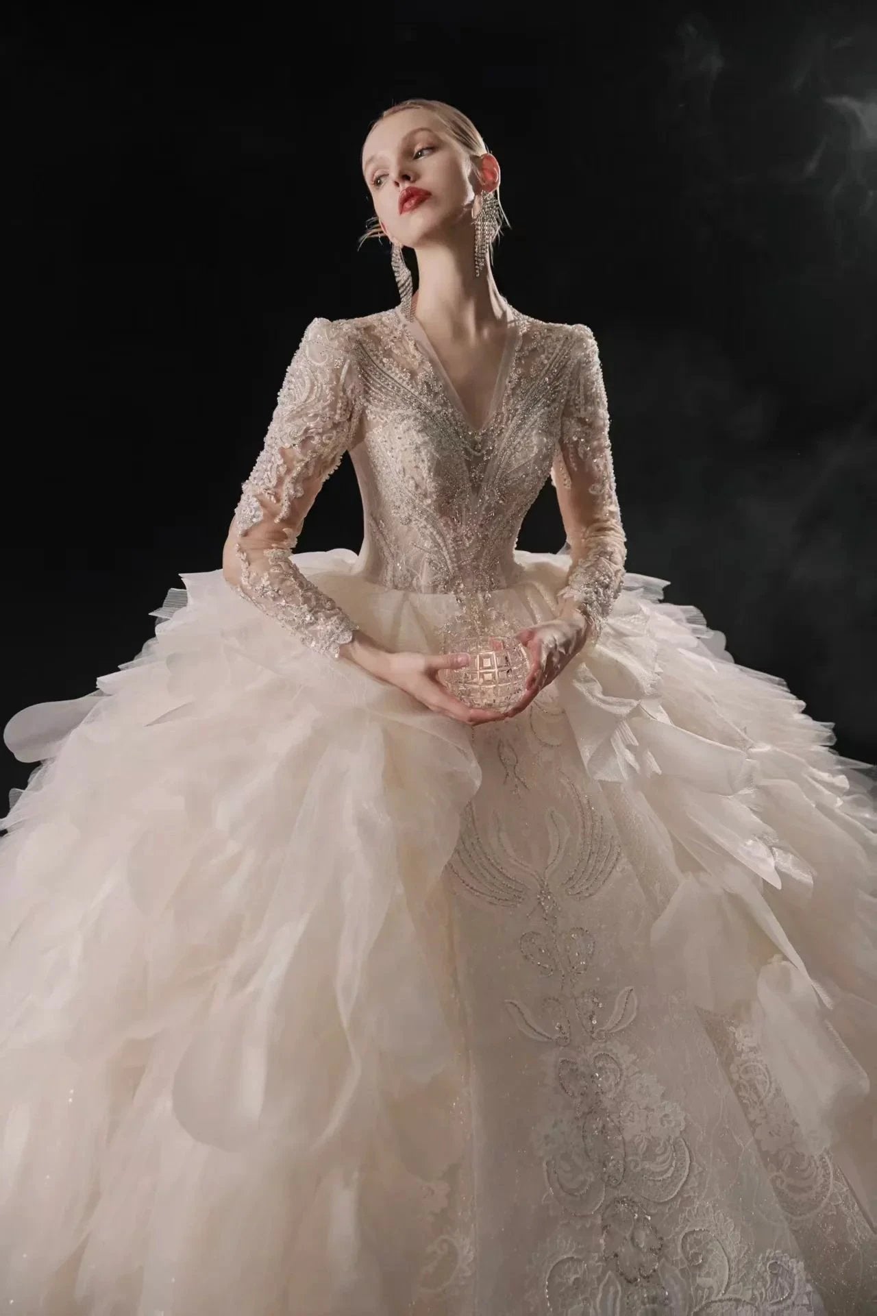 Luxurious V-Neck Ball Gown Long Lace Sleeve Beaded Embroidery Wedding Dress with Layered Ruffled Train E310 by ZAPDRESS