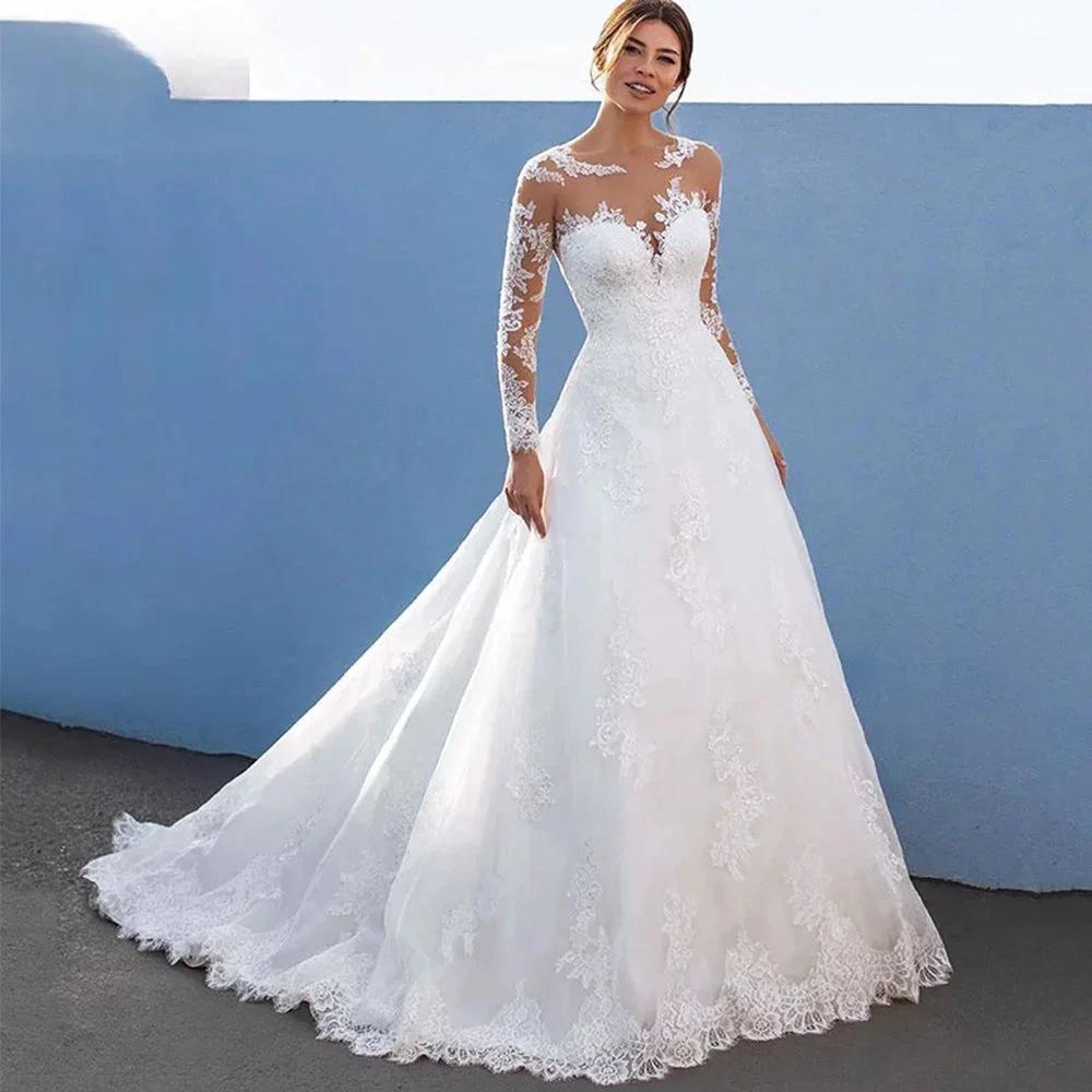 Elegant A-Line Wedding Dresses For Women Long Lace Sleeves With Appliques Bridal Gown Illusion Tulle vestidos de novia by payinti