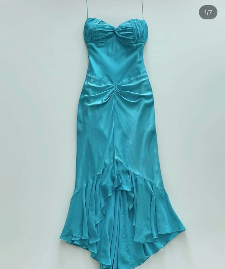 Spaghetti Straps Blue Long Prom Dress Chiffon Ruffle Evening Dress