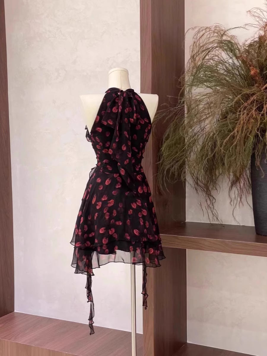 Burgundy Print Floral Chiffon Sleeves Short Holiday Dress Party Dress - View 3 | FashionDia