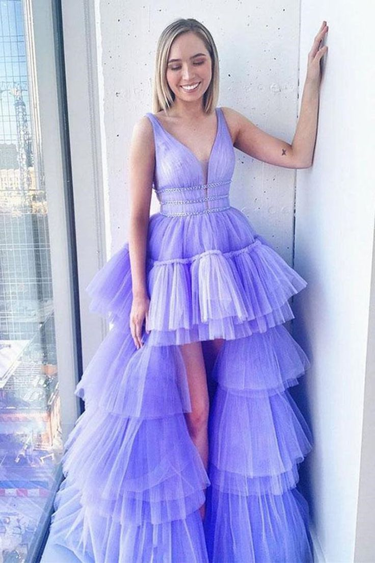 High-Low V-Neck Purple Tulle Long Prom Dress with Belt - View 3 | FashionDia
