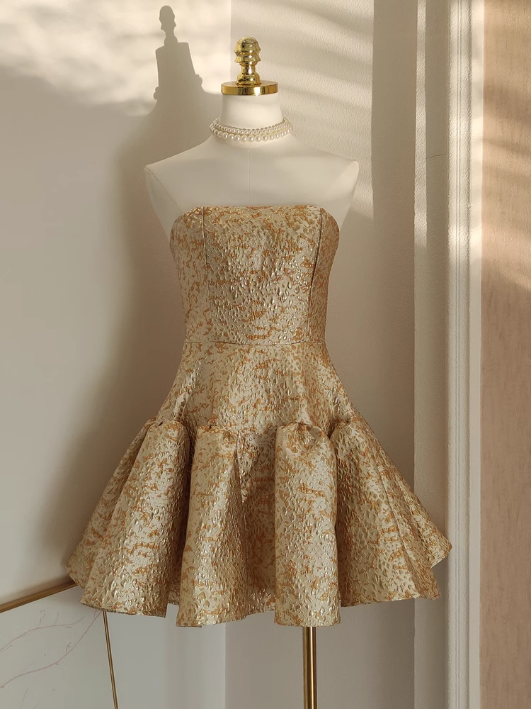 Cute Ball Gown Strapless Travel Vacation Dresses Short Satin Gold Birthday Dress - FashionDia