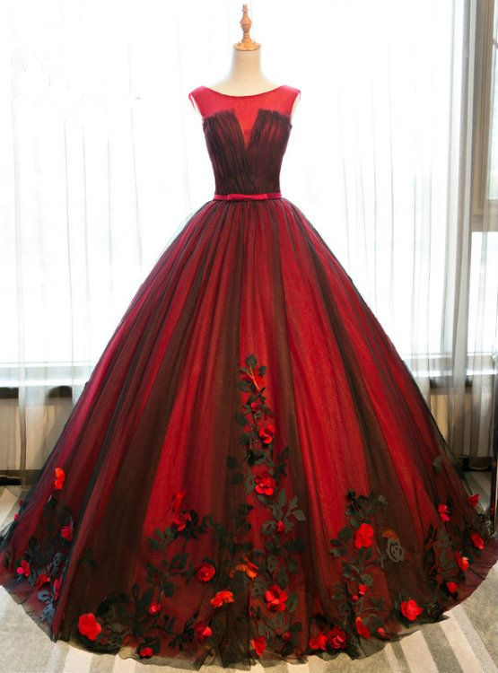 Black And Red Tulle Satin Appliques Sweet 16 Ball Gown Quinceanera Dress