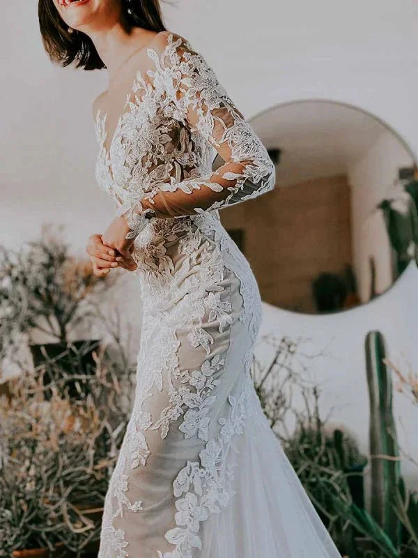 White Wedding Dress Illusion Neckline Long Sleeves Backless Natural Waist Lace With Train Long Bridal Mermaid Dress Y101 by simplepromdress