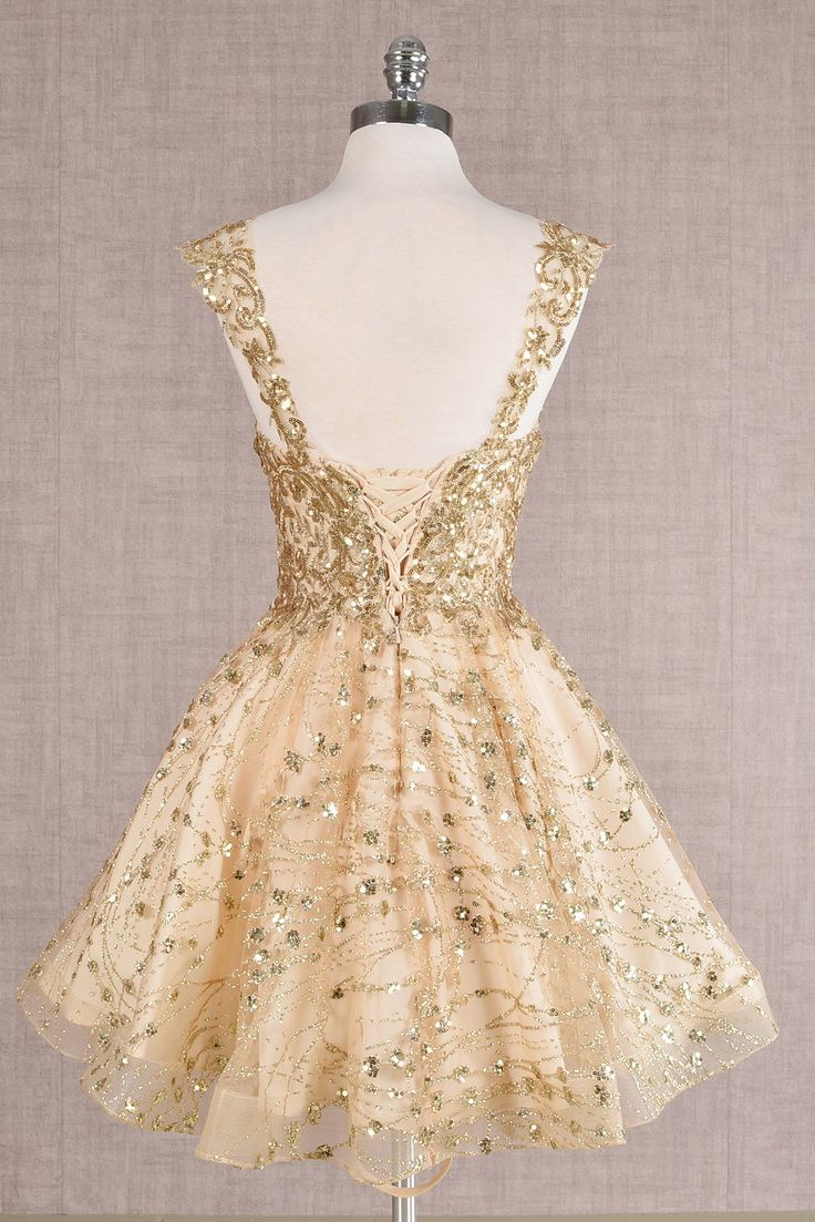 Pretty Gold Lace Butterfly Appliques Short Homecoming Dress Formal 20th Birthday Party Dress - View 2 | FashionDia