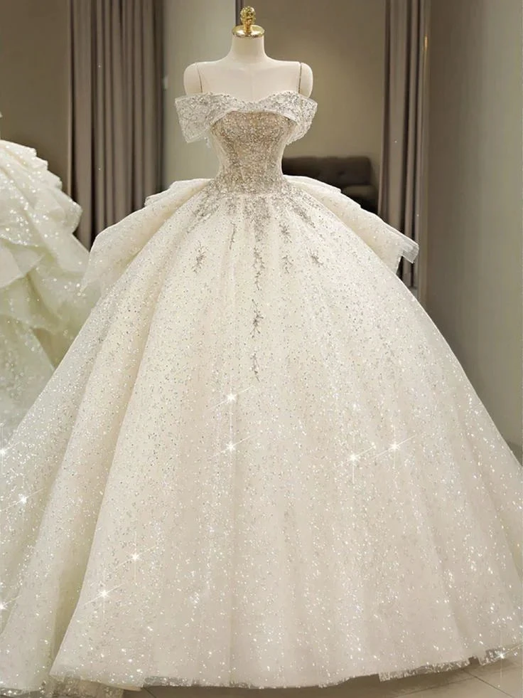 Off Shoulder Wedding Dresses, Large Trailing Princess Tail Dress, Backless White Wedding Dress Y6868 by simplepromdress