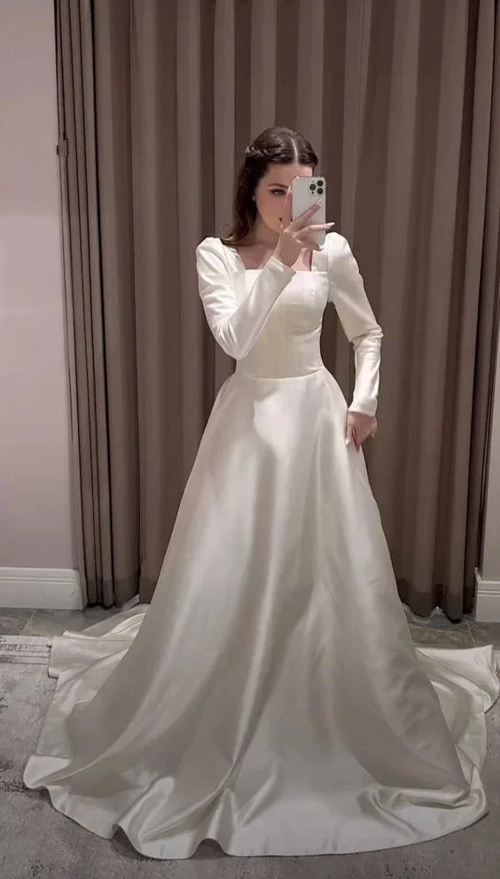 Modest A-line Square Neckline White Satin Wedding Dress Y6736 by simplepromdress