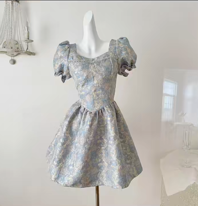 Cute Satin Print Floral Short Sleeves A-Line Birthday Outfits Blue Homecoming Dress - FashionDia