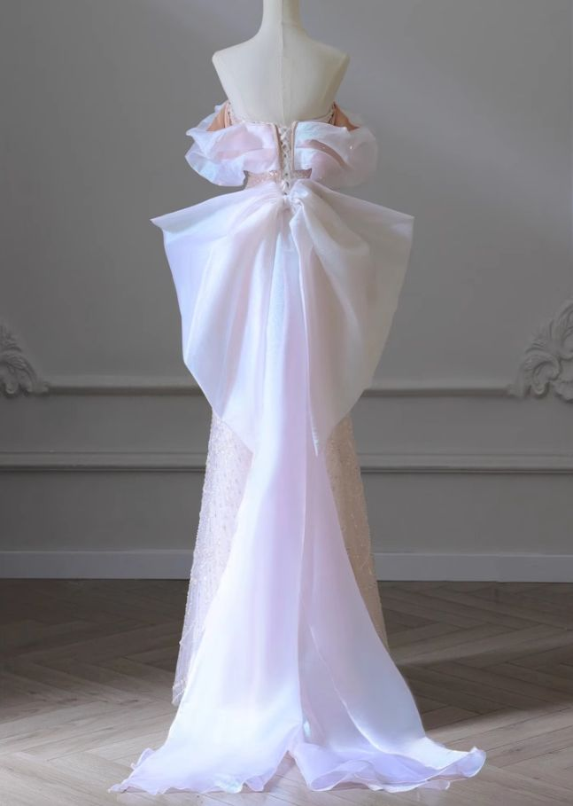 Pink A-Line Off-Shoulder Tulle Sequins Beaded Long Prom Dress Formal Evening Dress Y8050 - View 3 | VelvetHem