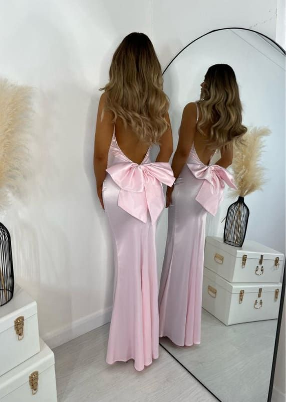 Charming Pink Beaded Spaghetti Straps Prom Dress With Bow Mermaid Backless Party Dress - View 4 | FashionDia