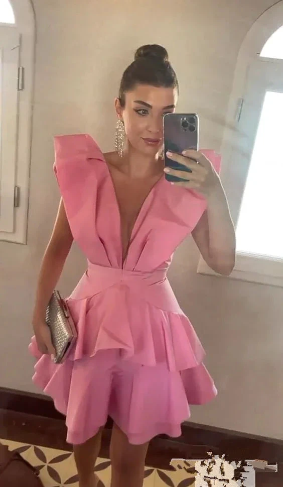 Pink Deep V Neck Homecoming Dress Pink Party Dress Y2469 by simplepromdress