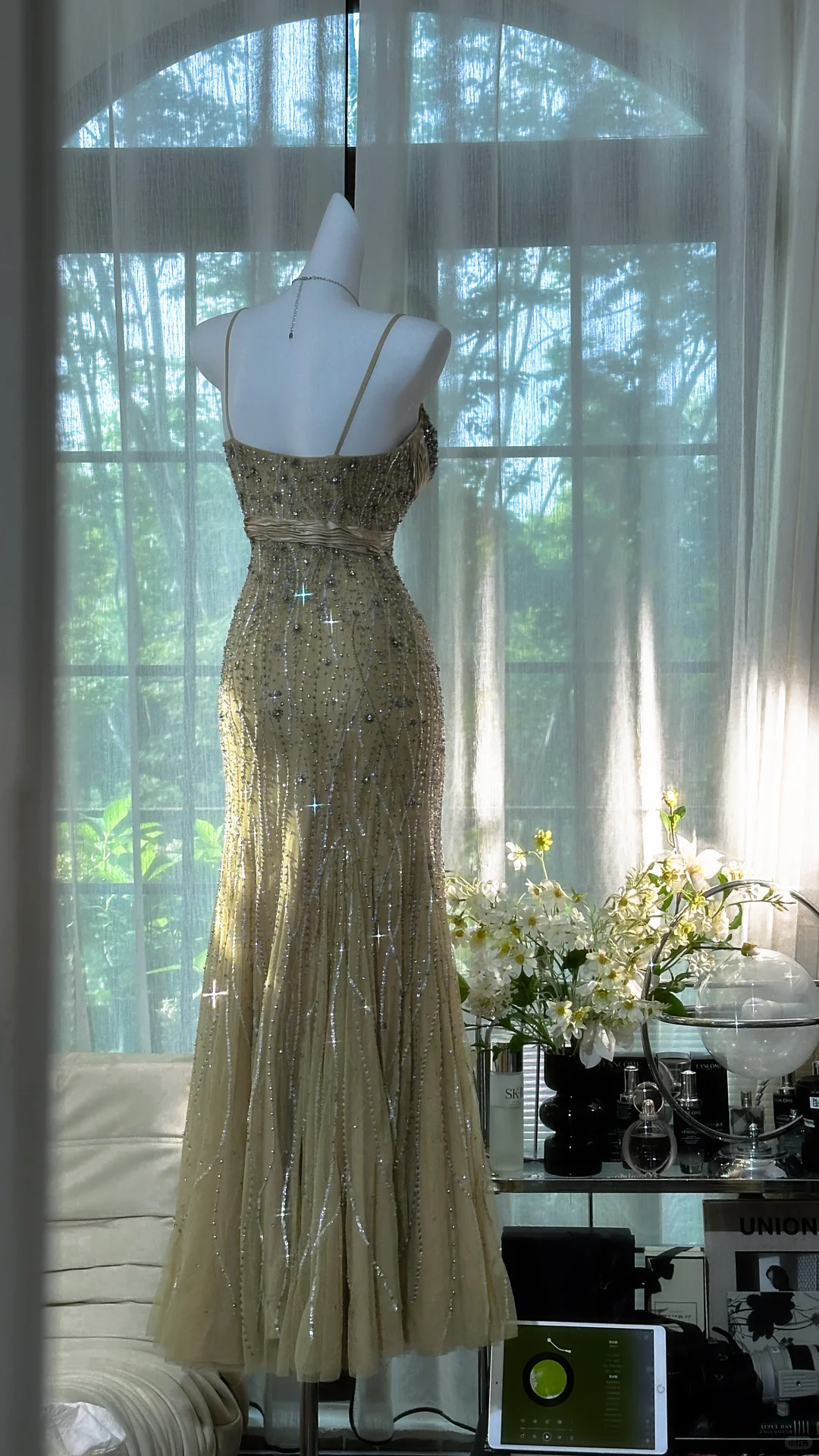 Classy Spaghetti Straps Green Chiffon Beaded Mermaid Long Prom & Evening Dress - View 3 | FashionDia