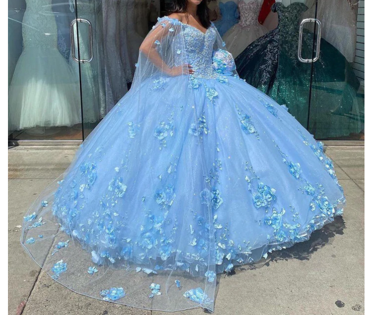 Vintage Baby Blue 3D Floral Flowers Quinceanera Dresses Mexican with Cape Robe Corset Ball Gown - VelvetHem