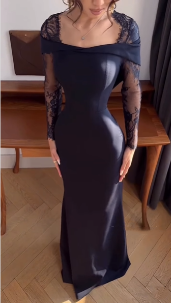 Fashion Off-the-Shoulder Navy Blue Satin Lace Mermaid Long Wedding Guest Dress Party Dress - View 4 | FashionDia