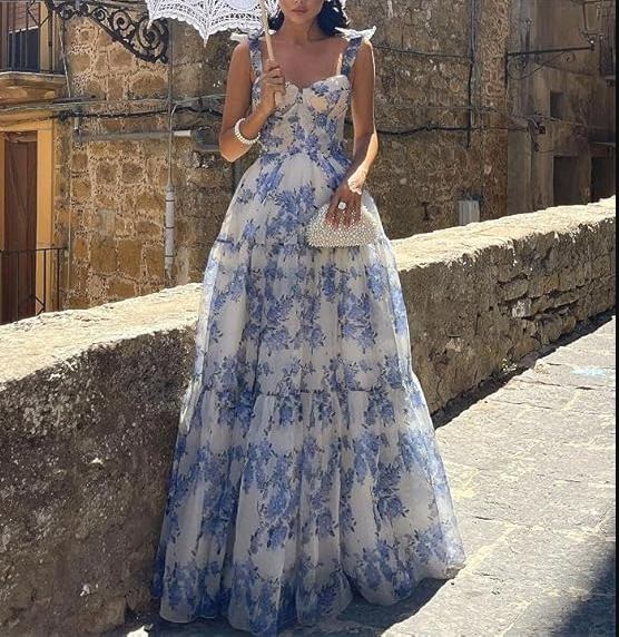A-line Blue Floral Print Long Prom Dress Blue Evening Dress Y2560 - View 6 | VelvetHem
