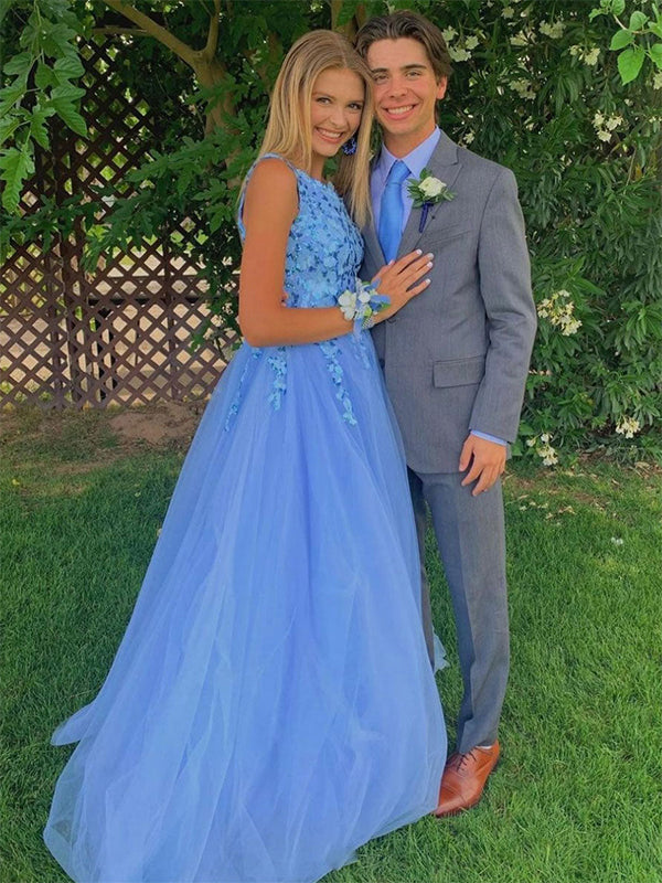 Blue A-Line One-Shoulder Tulle Long Prom Dress with Appliques - FashionDia