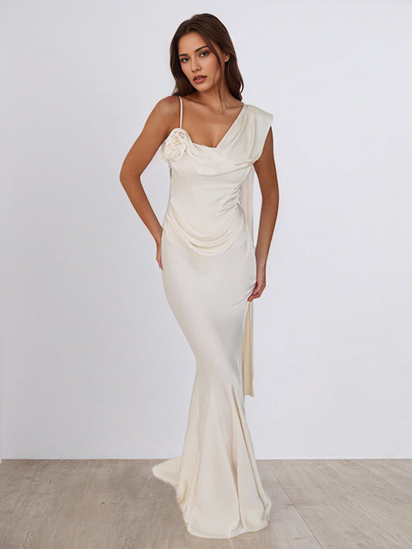 Ivory Satin Asymmetrical Neck Sleeveless Floor Length Dress With 3D Flower