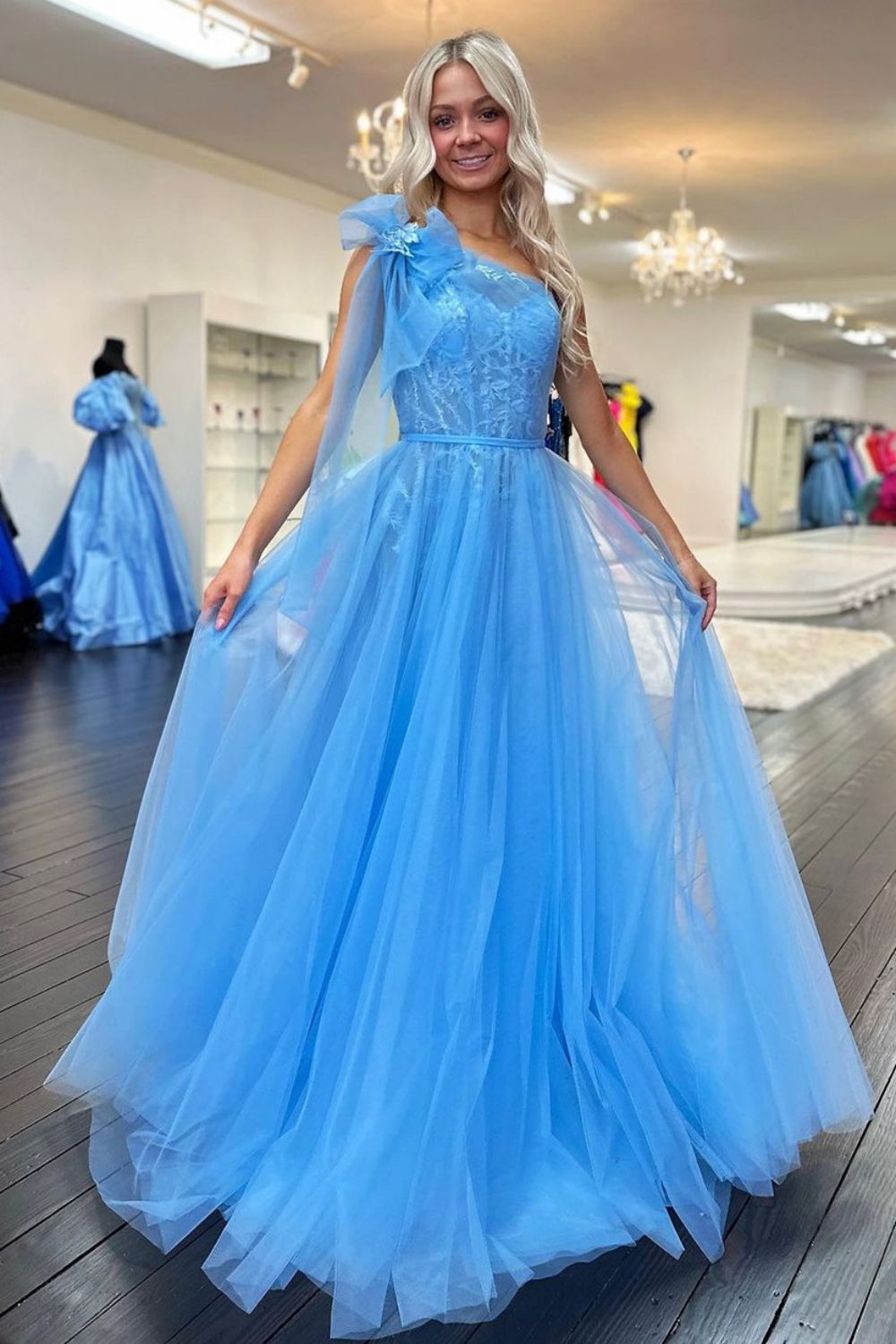 Charming A Line One Shoulder Blue Long Prom Dress with Appliques