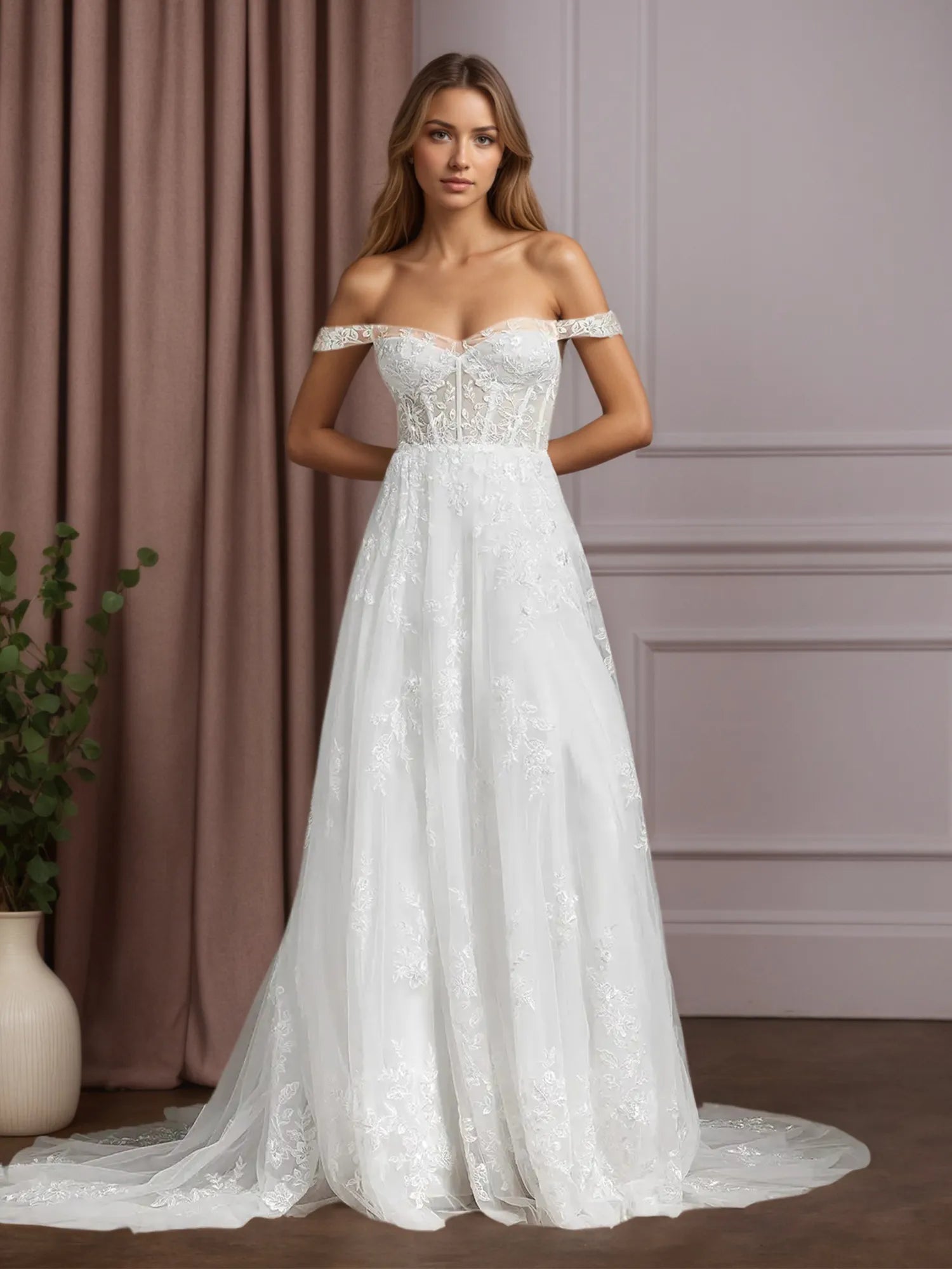 White A-Line Sequins Tulle Wedding Dress