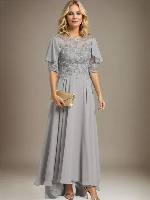 A-line Scoop Illusion Asymmetrical Chiffon Lace Mother of the Bride Dress With Beading - View 7 | FashionDia