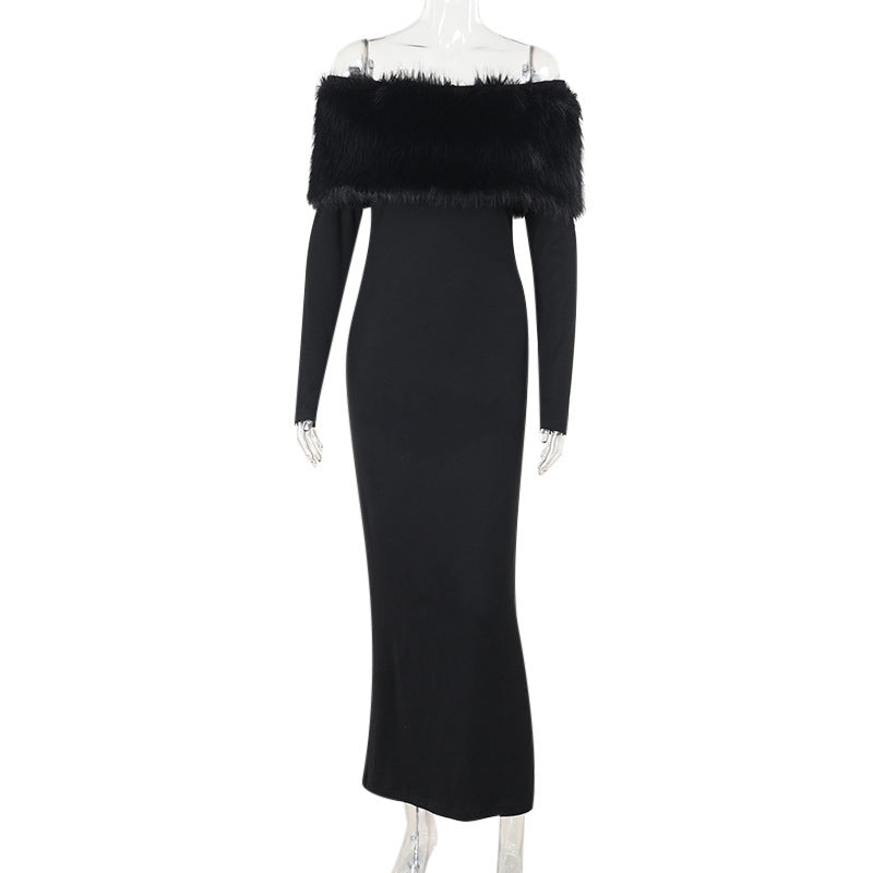 Onyx Fur Midi Dress Black