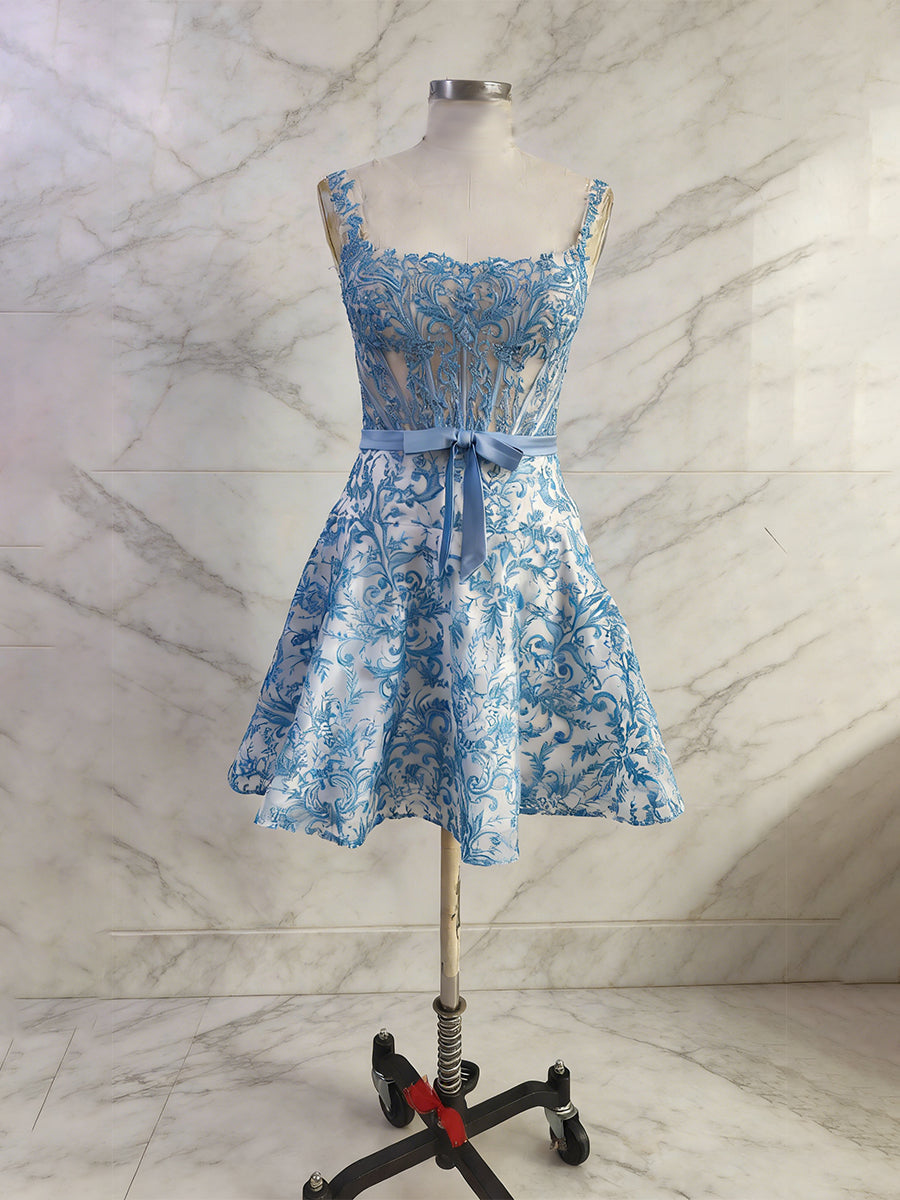 Blue Print A-Line Floral Corset Short Homecoming Dress With Bow - View 5 | FashionDia