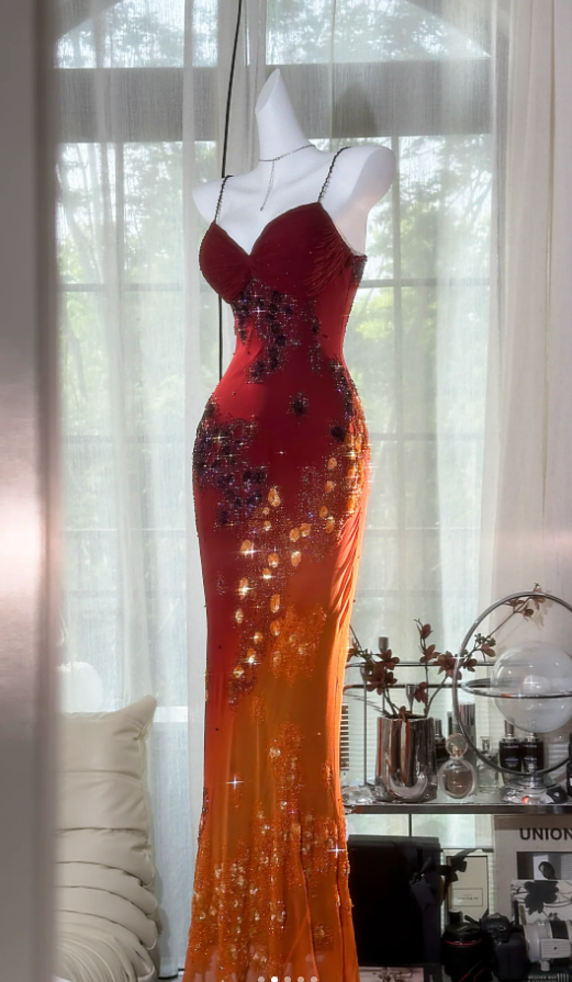 Vintage Spaghetti Straps Ombre Orange Chiffon Sequin Beaded Mermaid Long Party Dress Evening Gown