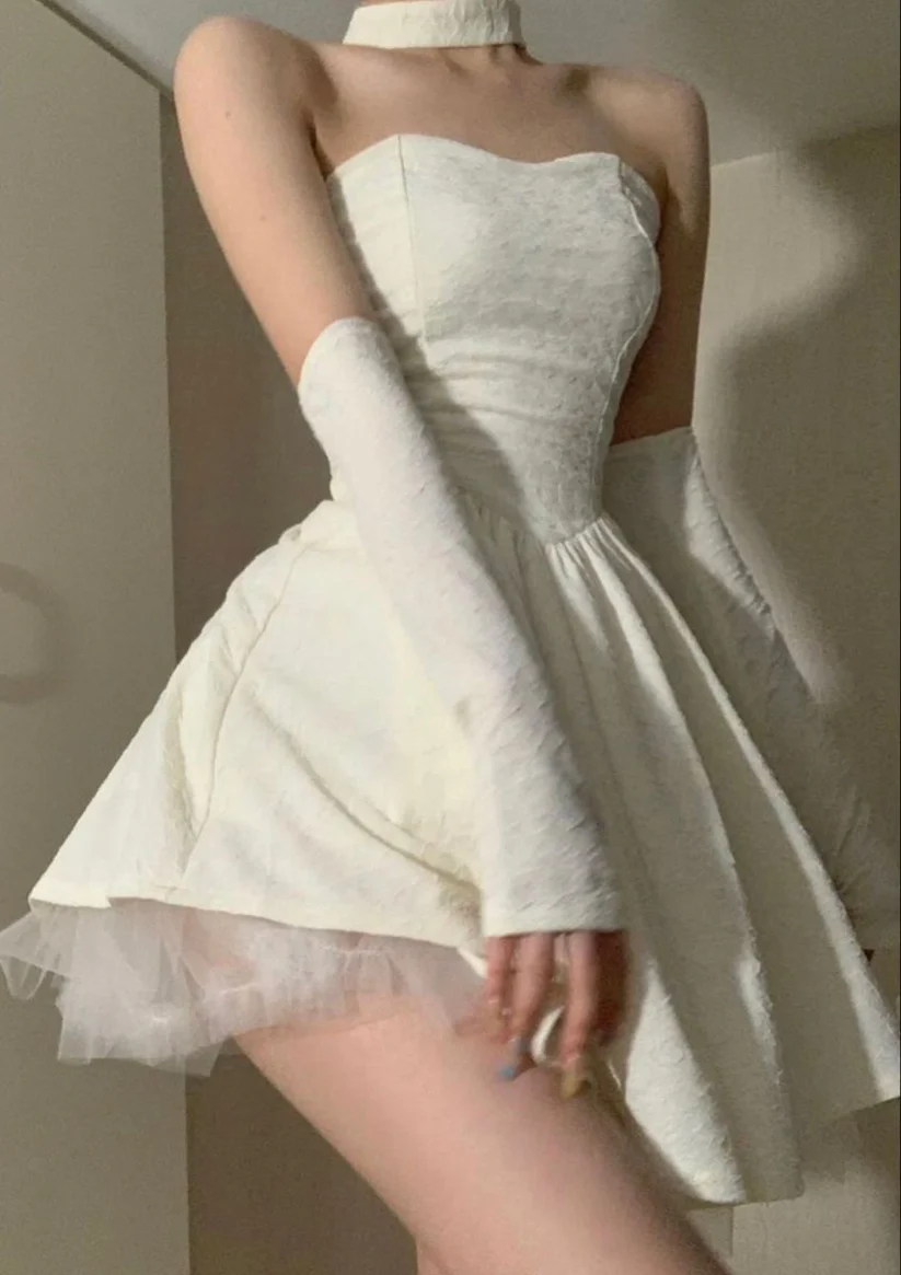 Classy Off White Strapless A-Line Tulle Satin Short Prom Dress Formal Birthday Outfits - FashionDia