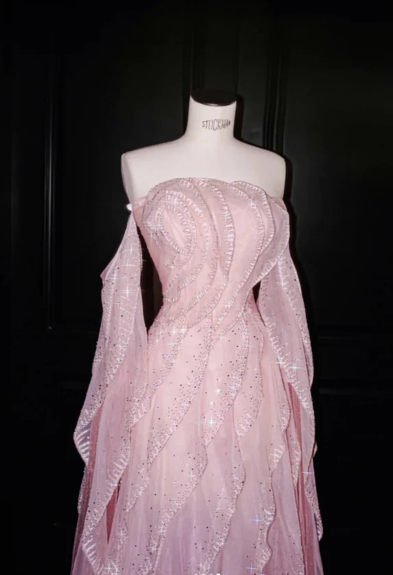 Glamorous Off The Shoulder Pink Chiffon Ruffles Sequin Beaded Long Party Dress Birthday Prom Dress