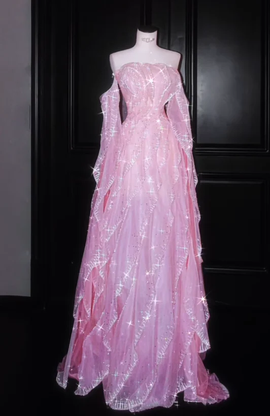 Glamorous Off The Shoulder Pink Chiffon Ruffles Sequin Beaded Long Party Dress Birthday Prom Dress