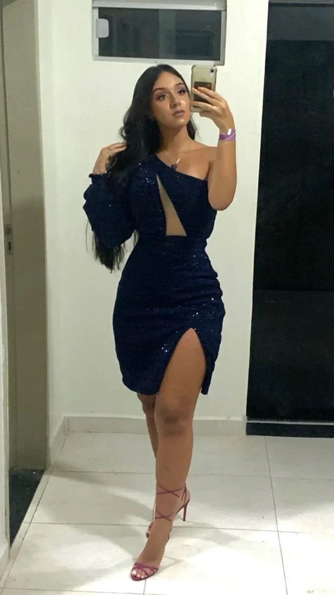 One Sleeve Party Dress Glitter Sequins Homecoming Dress (ZD12659)