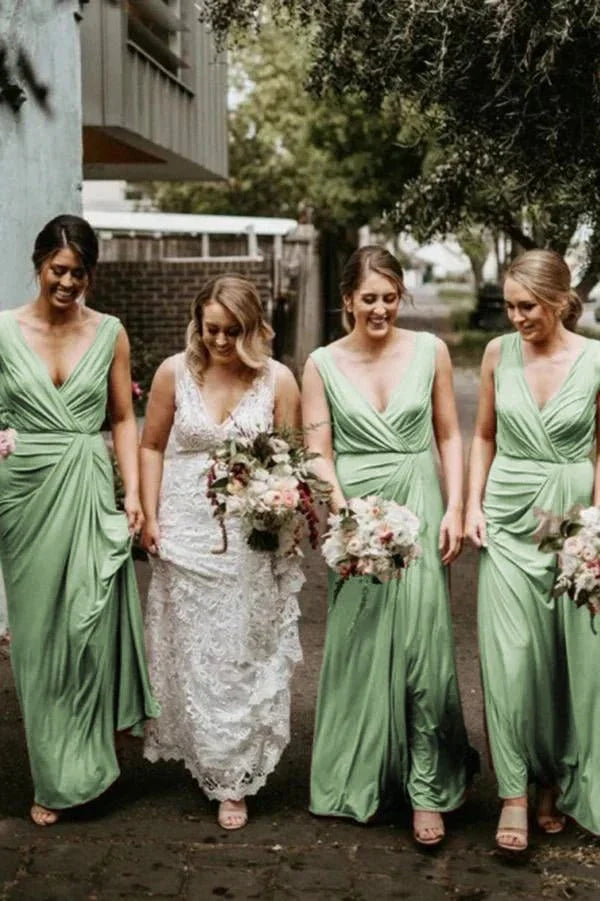 A Line Chiffon V Neck Sleeveless Floor Length Ruched Bridesmaid Dress