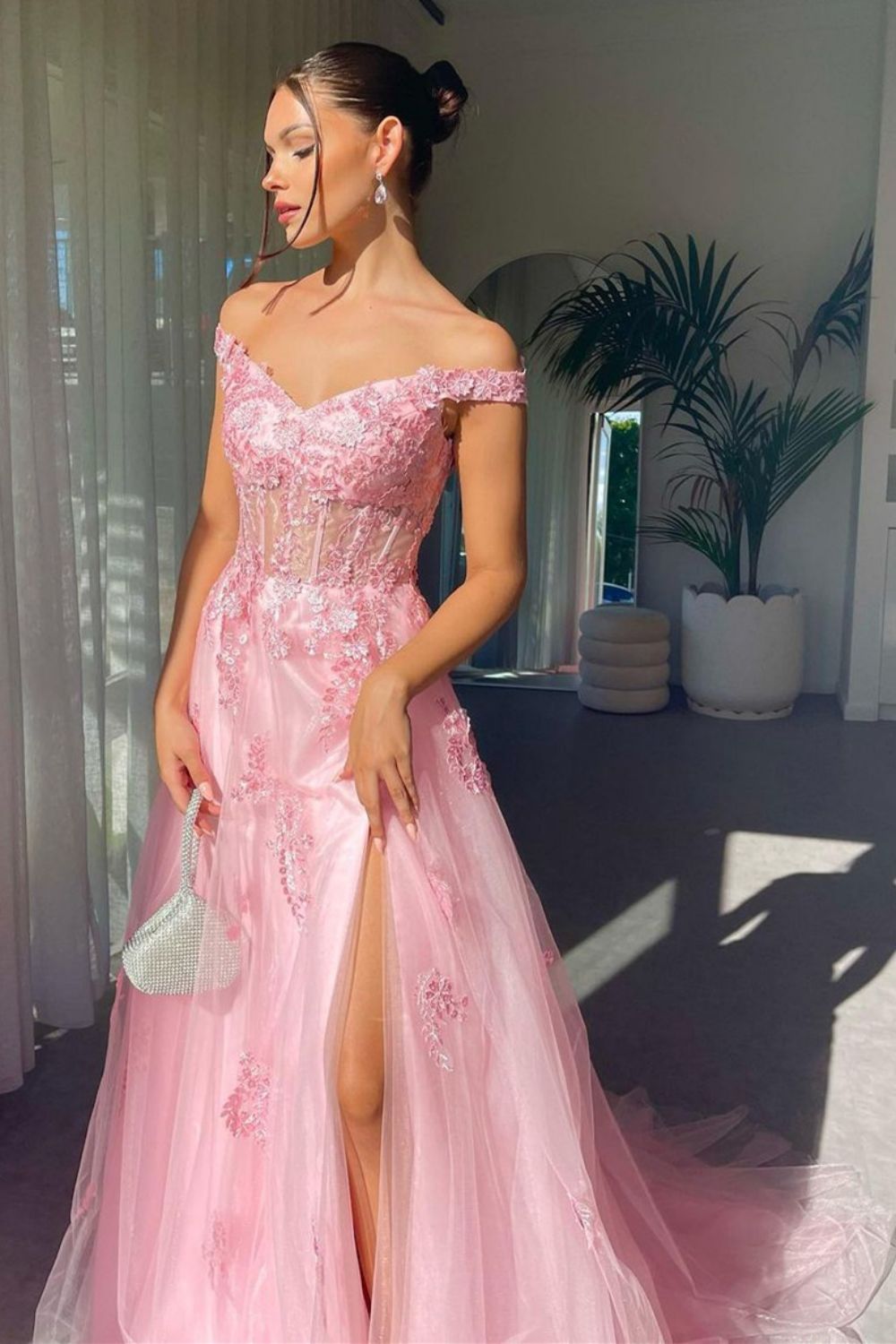 Charming A-Line Off-the-Shoulder Pink Long Prom Dress with Appliques - FashionDia