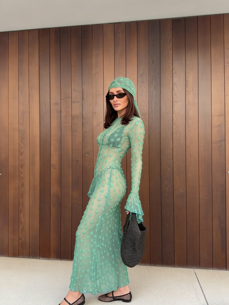 Green Sheer Dot Maxi Dress