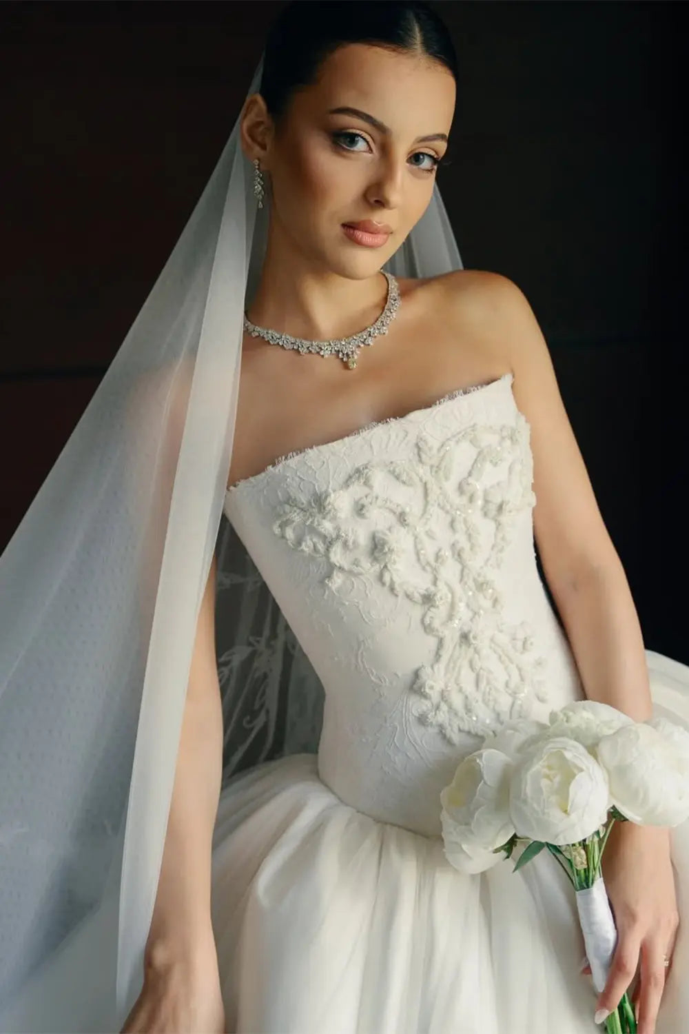 White Satin Tulle Ball Gown Bridal Dress with Embroidered Lace Bodice ZP207